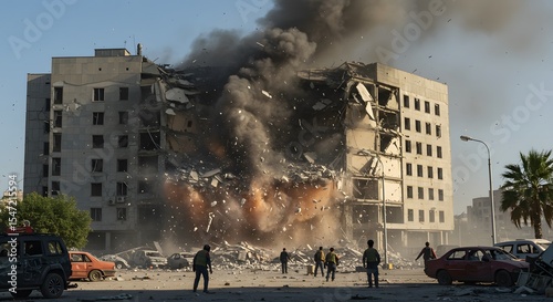 Explosive building destruction occurs in urban landscape during daylight hours