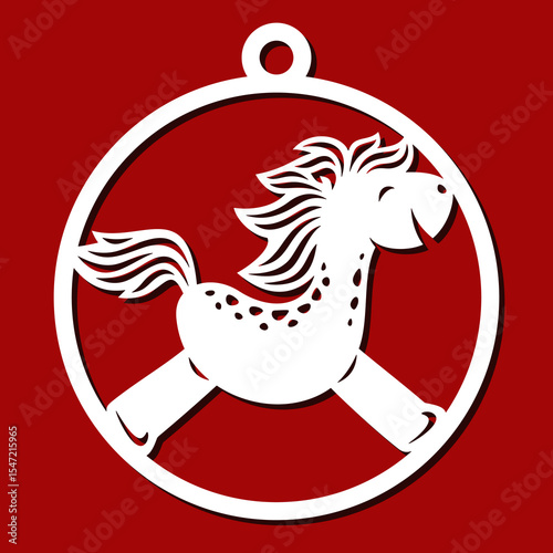 Christmas ball with funny horse. Round hanging decoration, toy, pendant with cute pony. Template for plotter laser cutting of paper, fretwork, wood carving, metal engraving, cnc. Vector illustration.
