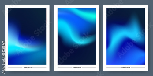 Aurora gradient background set with flowing blue cyan lights - northern lights effect blending turquoise into deep navy, smooth transitions, white frames with color waves for modern poster designs.