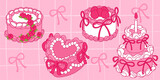 Vintage pink cakes with ribbons and bows, strawberries and roses on checkered background - coquette retro birthday desserts decorated with cream swirls, flowers and candle. Sweet bakery illustration.