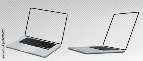Laptop pc mockup with transparent screens - notebook computers in different angles for app presentation, website display or digital product showcase with blank monitors ready for custom content.