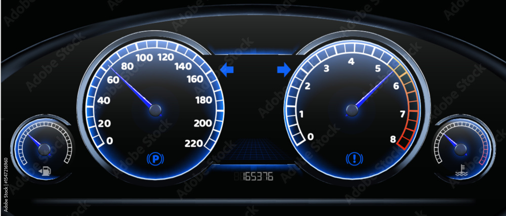 Fototapeta premium Modern car dashboard with illuminated speedometer gauges - black automotive panel displaying speed, RPM meters, fuel and temperature indicators. Digital mileage counter with vehicle statistics.