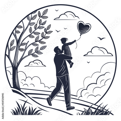 Fathers Day Tshirt Design Silhouette Dark Blue Man Child Heart Balloon Tree Sky daughter