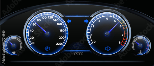 Modern car dashboard with illuminated speedometer gauges - black automotive panel displaying speed, RPM meters, fuel and temperature indicators. Digital mileage counter with vehicle statistics.