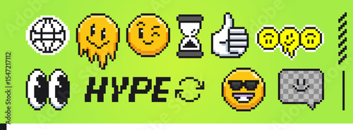 Pixel emoticon collection on bright green background - wire planet, melting yellow face, winking smile, hourglass timer, thumbs up approval, wide googly eyes, cool sunglasses, checkered speech bubble.