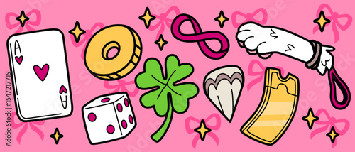 Playful lucky charm doodle collection with ace card, coin and dice, clover and golden ticket, infinity symbol and rabbit foot on pink background. Whimsical fortune icons for good luck wishes design.
