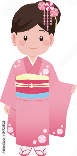 七五三　子供　着物　女の子　幼児　参拝　日本の行事　立つ