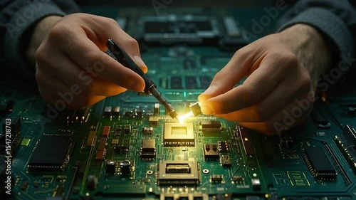 High Definition Close Up Technician Soldering Microchip Circuit Board Repair Technology Innovation Electronics Engineering Precision Workmanship Expert Hands Detailed Process