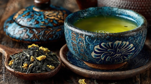 Clear Light-Yellow Green Tea in Blue-Patterned Bowl with Wooden Plate & Wood Chips: Minimalist Tea Ceremony Detail for Healthy Beverage Packaging
