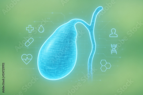 AI generated digital hologram of glowing blue gallbladder with medical UI on soft green background futuristic health innovation