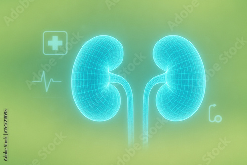 AI generated image of glowing blue digital kidneys with medical UI icons on soft green background symbolizing healthcare innovation and renal wellness