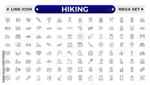 Hiking icons of outdoor survival: tent icon, backpack badge, hiking boots tag, survival map file, campfire board, mountain chart, adventure bubble, wilderness symbol.