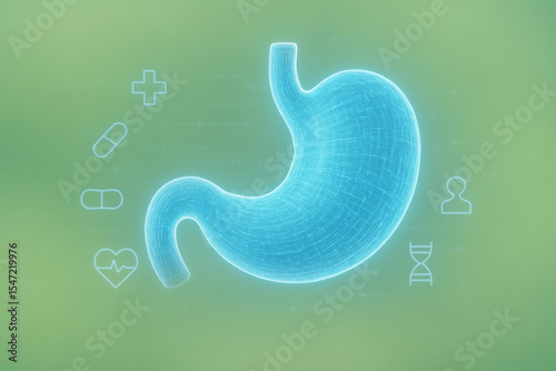 AI generated holographic stomach in glowing blue light with digital medical UI icons on green background representing advanced healthcare and futuristic innovation