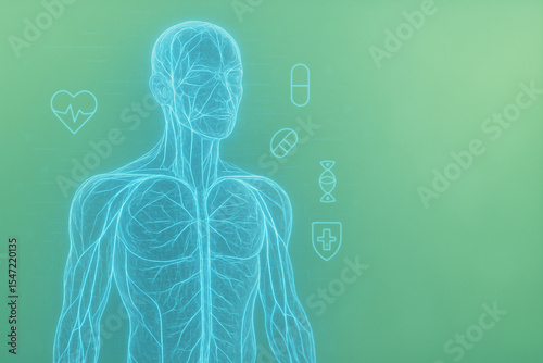 AI generated holographic human circulatory system with glowing blue blood vessels and medical UI on soft green background expressing advanced health innovation and anatomy insight