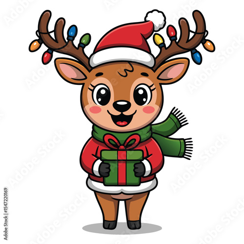 Christmas reindeer cartoon vector art, deer cartoon drawing in xmas costume with gifts 