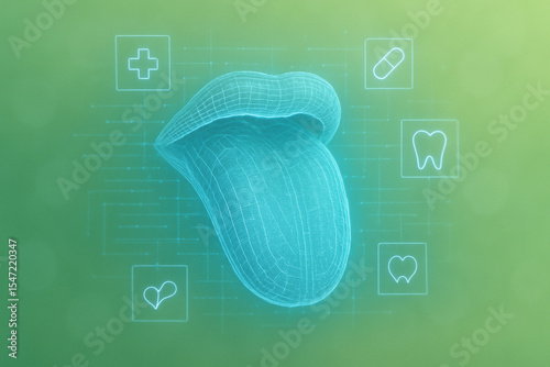AI generated glowing blue holographic tongue with medical interface on green background representing digital taste perception health tech and innovation in virtual design
