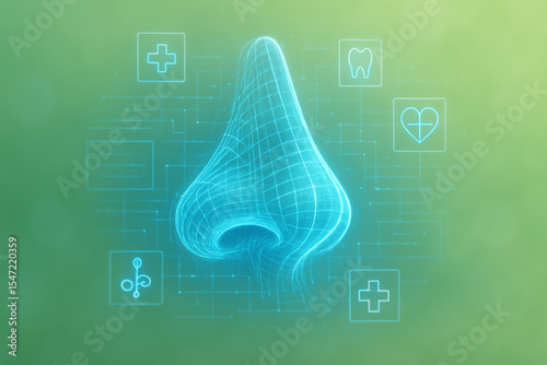 AI generated glowing blue holographic nose with health icons on soft green background symbolizing smell system innovation medical technology and virtual diagnostics