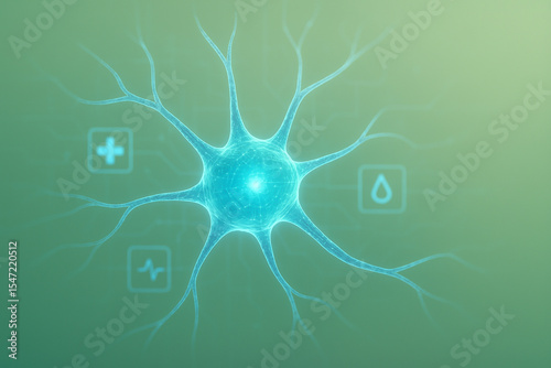 AI generated holographic neuron cell glowing in blue light with medical UI icons on soft green background representing health technology and innovative science concept
