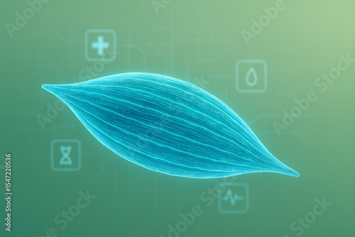 AI generated glowing digital muscle fiber cell in blue with medical UI elements on soft green background symbolizing innovation health and advanced biotechnology concept