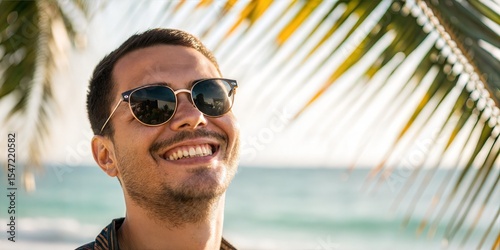 A man wearing sunglasses smiles brightly while spending time on vacation. The man smiles happily at the sun 