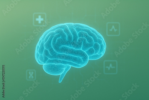 AI generated futuristic glowing brain cell in blue wireframe style with medical icons on soft green background representing intelligence innovation and digital health concept