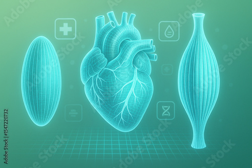 AI generated glowing hologram of heart smooth and skeletal muscles with medical UI icons on a soft green background for futuristic health and biotech concept