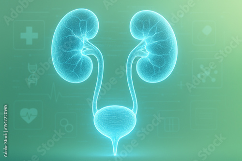 AI generated 3D rendering of kidneys ureters and bladder with glowing blue lines on soft green background symbolizing health innovation and medical technology