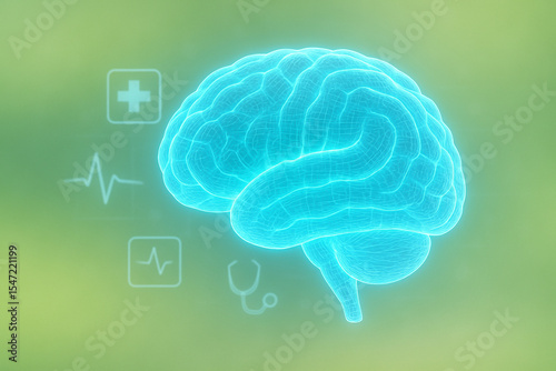 AI generated image of a glowing blue digital brain with medical UI icons on soft green background symbolizing innovation technology and mental wellness