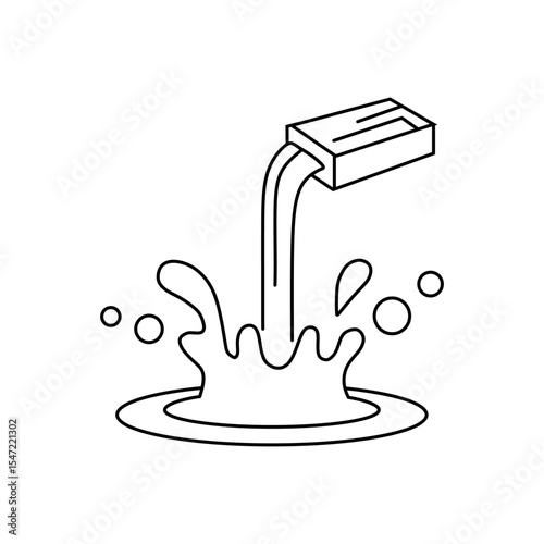 A simple line art illustration of liquid pouring from a carton, creating a dynamic splash. Ideal for beverage, pouring, water, and fresh concepts.