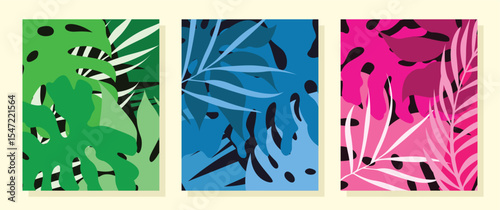 Set of Monochromatic trendy tropical leaves backdrop vector ideas for home decor, template, postcard, brochure, poster, banner, rugs and carpet. Vector illustration. 