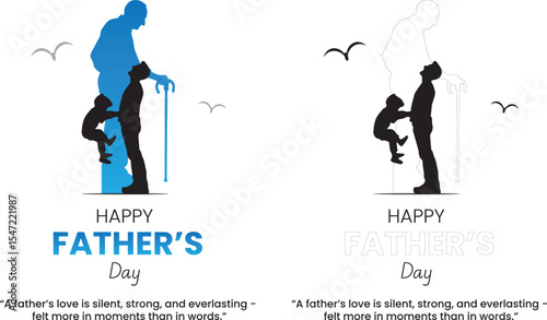 Happy Father's Day vector graphic with a silhouette of a father holding his son on his shoulders. Happy Father's Day lettering for Father's Day Celebrations, greetings card, etc.