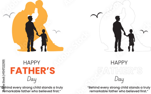 Happy Father's Day vector graphic with a silhouette of a father holding his son on his shoulders. Happy Father's Day lettering for Father's Day Celebrations, greetings card, etc.