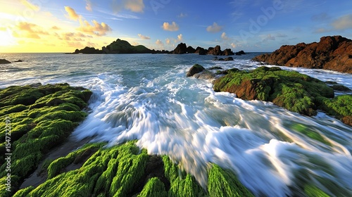 Vibrant coastal scene with moss-covered rocks, crashing waves, and a sunset sky