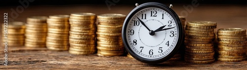 Unfair wage and hourly pay impact basic salary concept. A clock and stacked coins symbolize time and financial growth.