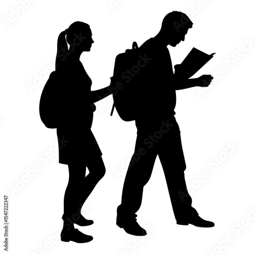 Silhouette of two people navigating with a map, street exploration