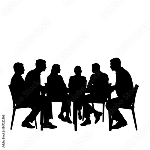 Group silhouettes engaging in discussion at a table, teamwork concept