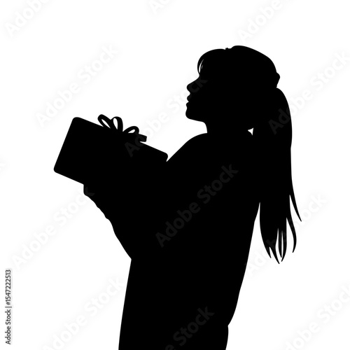 Joyful silhouette holding a gift against white background, gift giving
