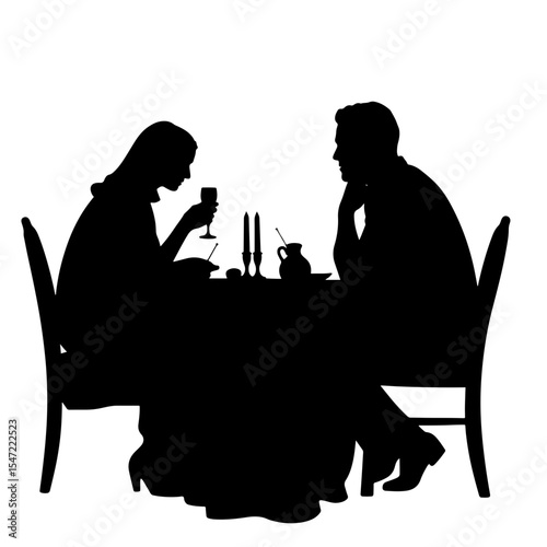 Silhouette couple dining with candles, romantic dinner ambiance