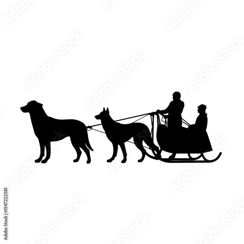 Silhouette of sled dogs pulling a sled, winter adventure