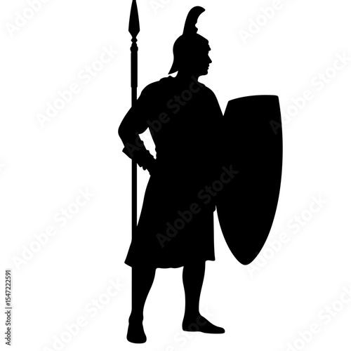 Silhouette of Roman soldier standing with shield, historic representation