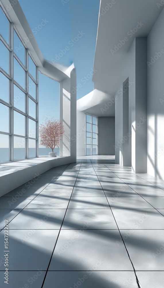 Obraz premium Modern interior hallway with ocean view
