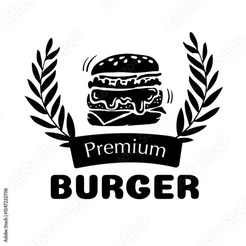 hand drawn premium burger Monochrome silhouette vector badge with laurel leaves and ribbon. Ideal for restaurant logos, menus, branding.