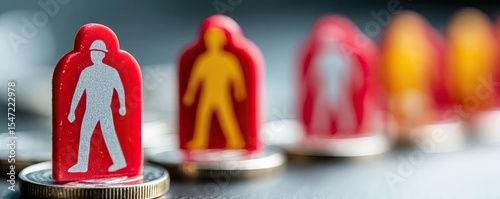 Unfair wage and hourly pay impact basic salary concept. Colorful figures on coins representing workforce diversity.