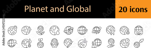 Pack of Global Related Line Icons. Leaves, Plane, Eco Outline Signs for Graphic and Web Design, Apps, Adverts, Various Cards