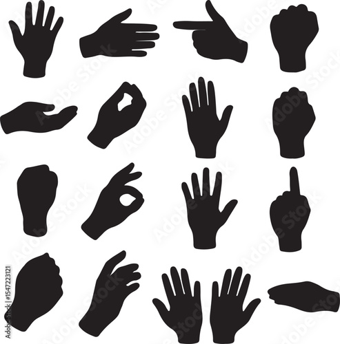A versatile set of 20 black human hand silhouettes in various gestures and angles. Ideal for posters, signs, design elements, and UI/UX interaction icons.
