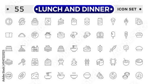 Lunch and Dinner Outline icon collection. Meal icon set. Containing food, lunch, eat, dinner, pasta, rice, pizza, salad, soup, breakfast and more.