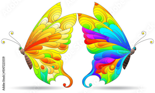 Set of stained glass windows with butterflies, dark outlines on a white background