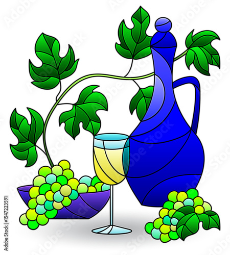 Illustration with still life, wine bottles, grapes and fruits isolated on a white background