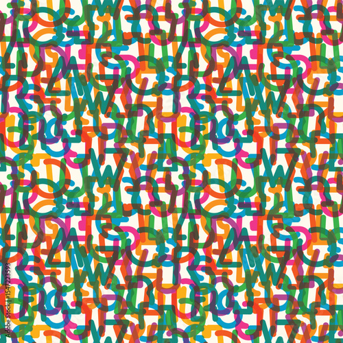 Vector seamless colorful background with simple, thick humorous geometric font on the theme of holiday and party. Latin alphabet letters, numbers. Textile, fabric, wallpaper, wrapping paper, tile
