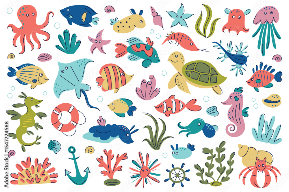 Fototapeta premium Flat cartoon vector illustration set of colorful sea animals and exotic marine creatures in bright kids style. Coral reef underwater world with ocean wildlife, sea plants, shells, for childrens design